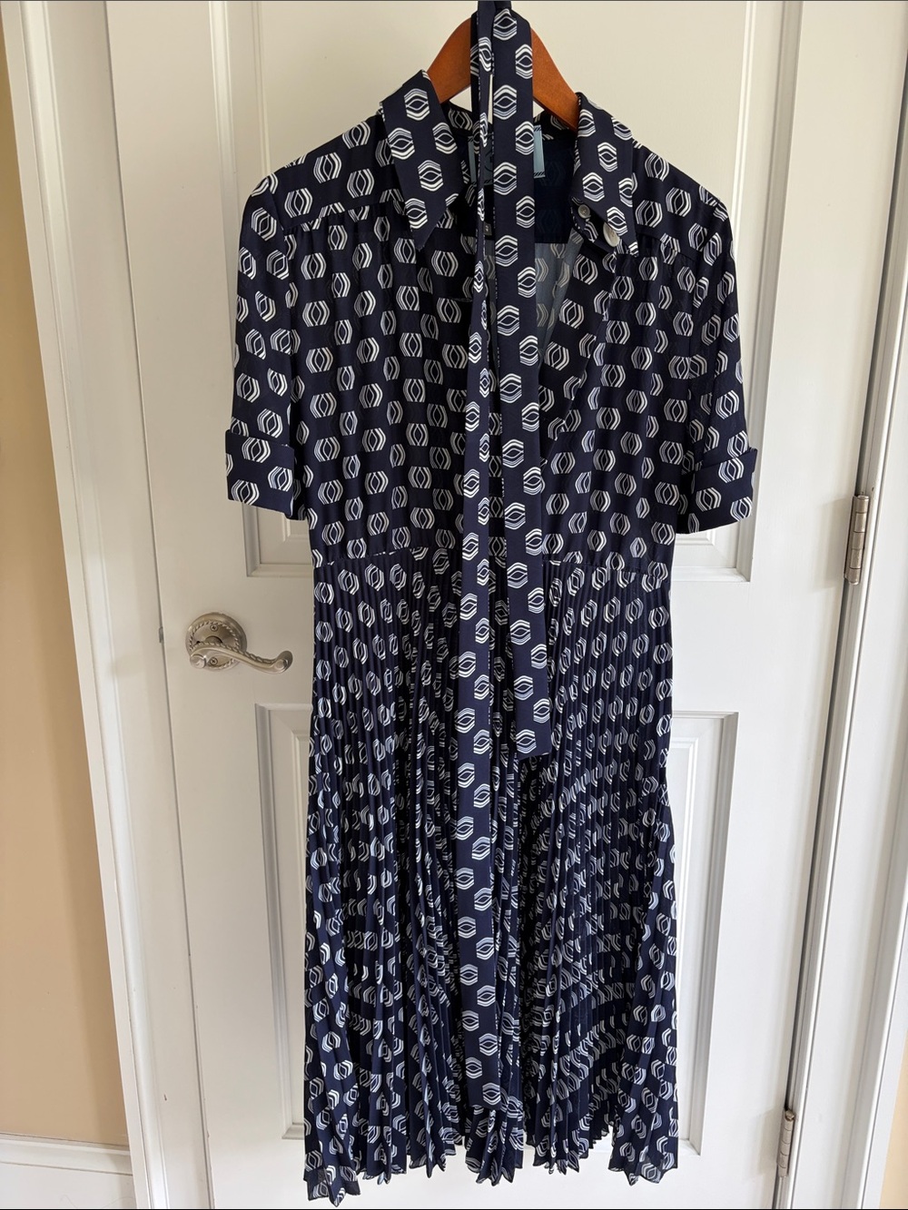 Prada Navy and White Geometric Pleated Tie-Neck Midi Dress